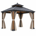 Gazebo da giardino 300 x 300 x 300 cm in metallo nero e legno con tende beige a tetto rigido ventilato