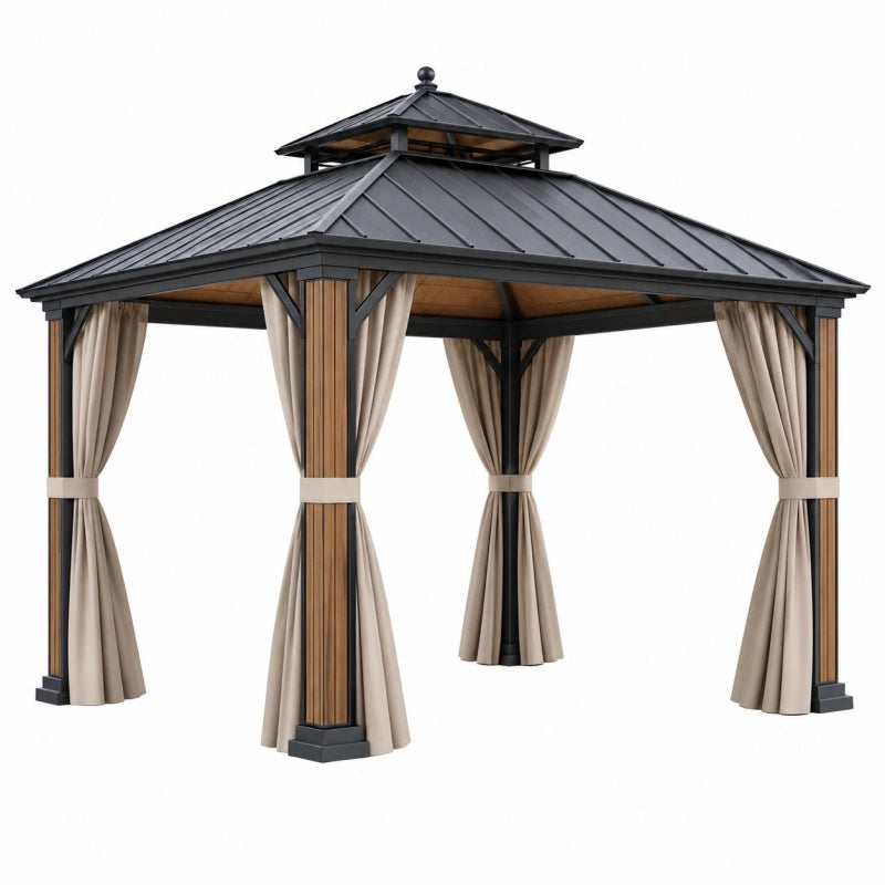 Gazebo da giardino 300 x 300 x 300 cm in metallo nero e legno con tende beige a tetto rigido ventilato
