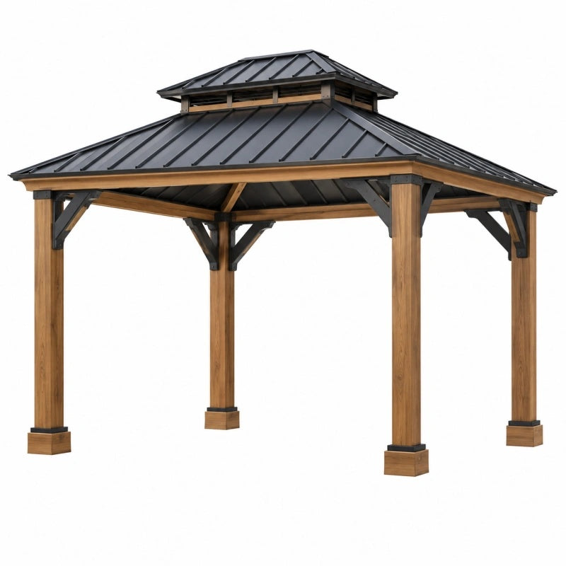 Gazebo da giardino 300 x 300 cm in legno marrone con tetto in metallo nero - copertura da esterno