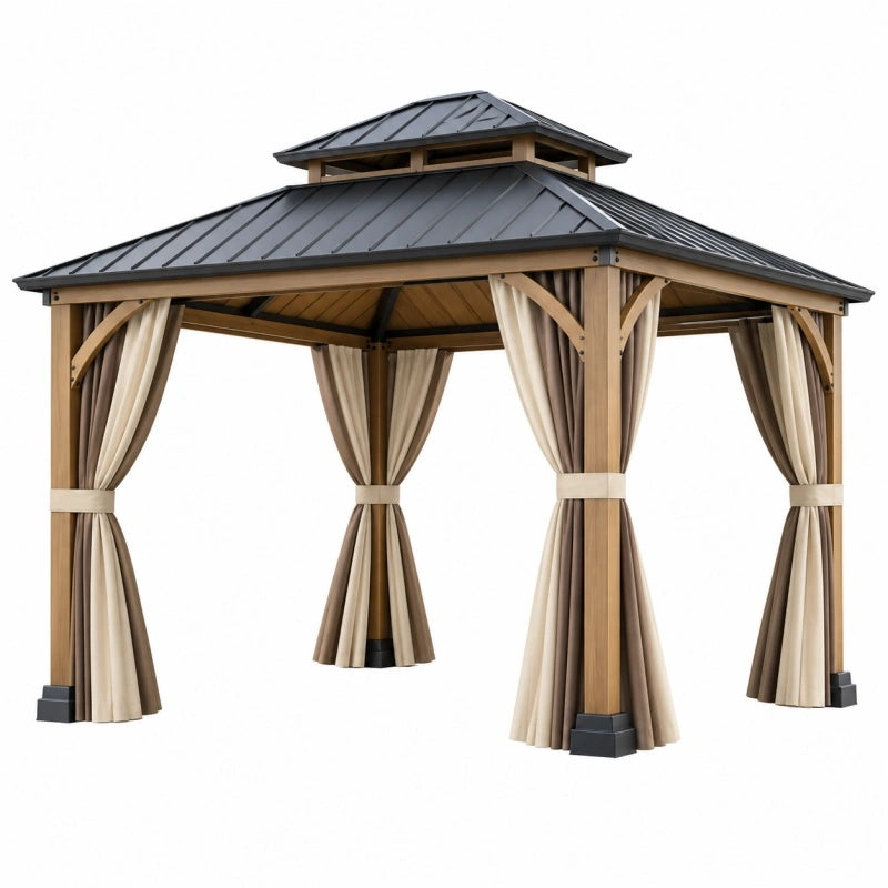 Gazebo da giardino 300 x 300 cm in legno beige con tetto in metallo e tende