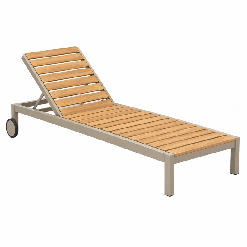 Lettino prendisole 200 x 65 cm in legno e metallo beige con schienale regolabile e ruote