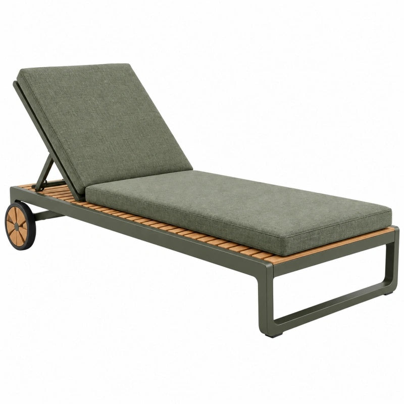 Lettino prendisole 200 x 70 cm in metallo e legno verde con schienale regolabile e ruote