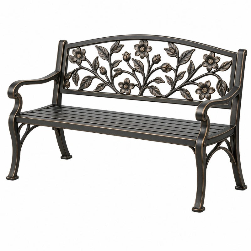 Panchina da giardino 122 x 61 x 88 cm in metallo nero bronzato con schienale floreale