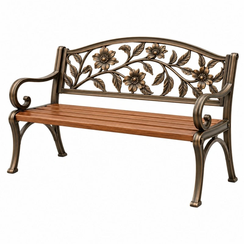 Panchina da giardino 122 x 62 x 90 cm in metallo e legno bronzo marrone con schienale floreale classico