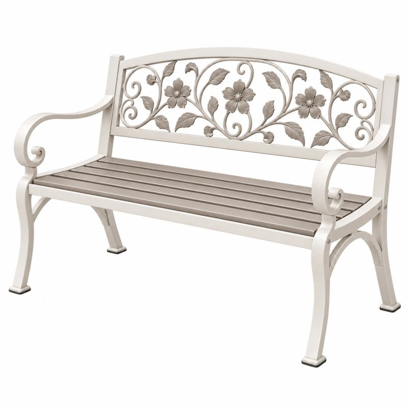 Panchina da giardino 122 cm in metallo crema con schienale floreale