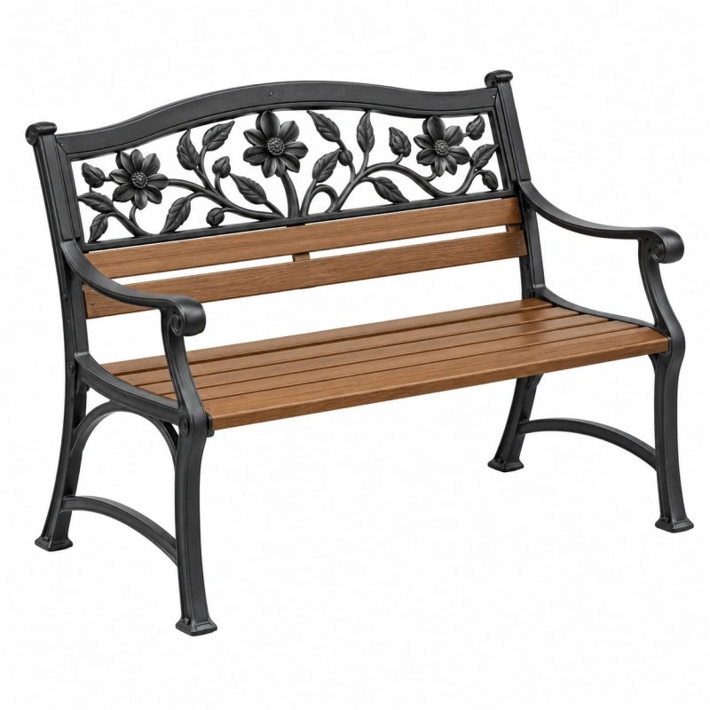 Panchina da giardino 122 x 61 x 86 cm in metallo nero e legno marrone con schienale floreale