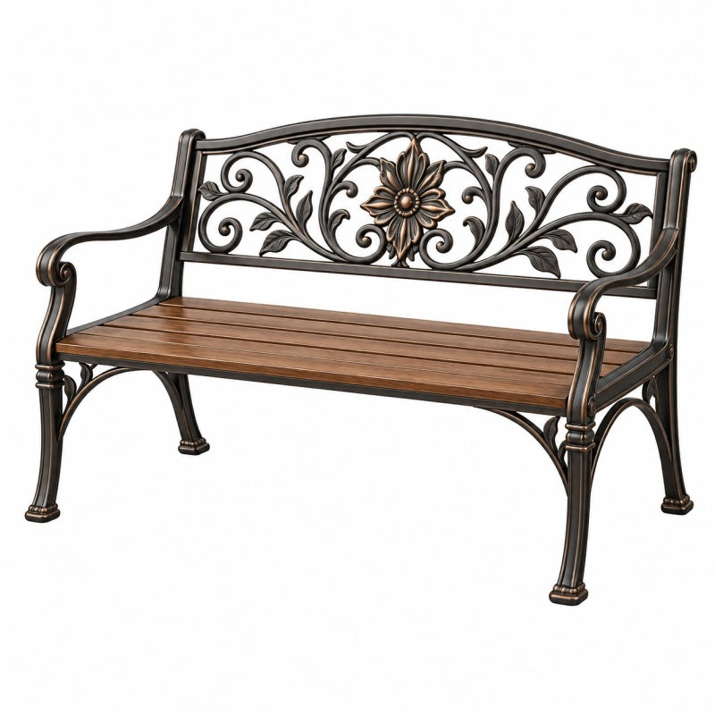 Panchina da giardino 120 x 60 x 90 cm in metallo e legno marrone nero - stile floreale