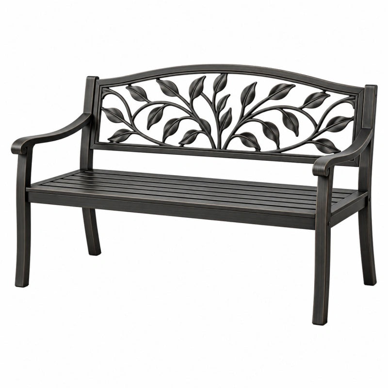 Panca da giardino 122 x 63 x 86 cm in metallo nero con schienale decorativo a foglie