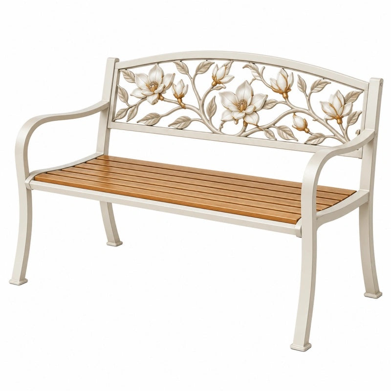 Panca da giardino 120 cm in metallo e legno avorio marrone con schienale floreale
