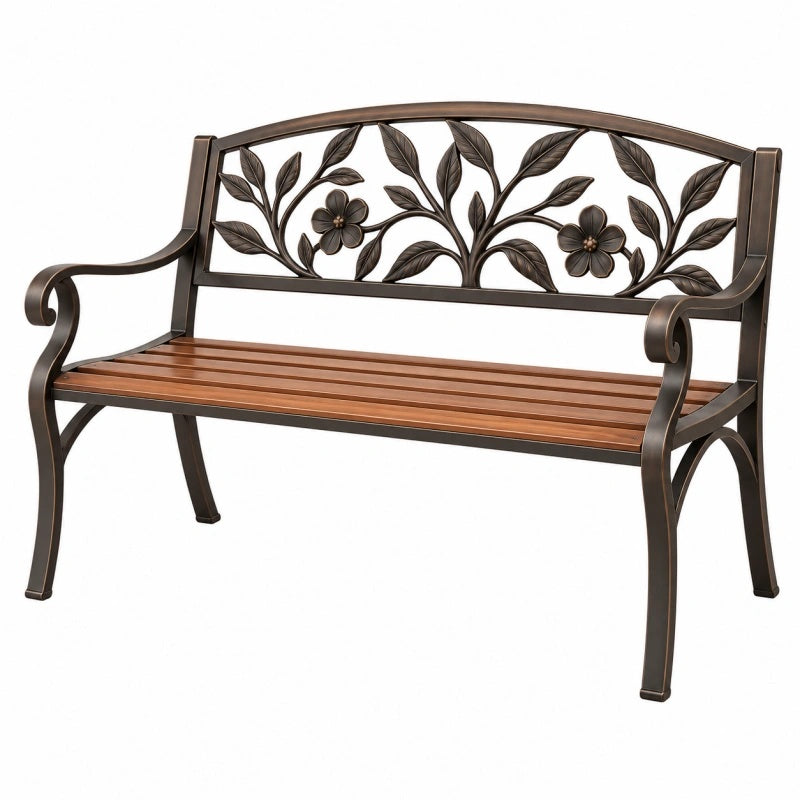 Panchina da giardino 122 x 61 x 88 cm in metallo bronzo con schienale floreale