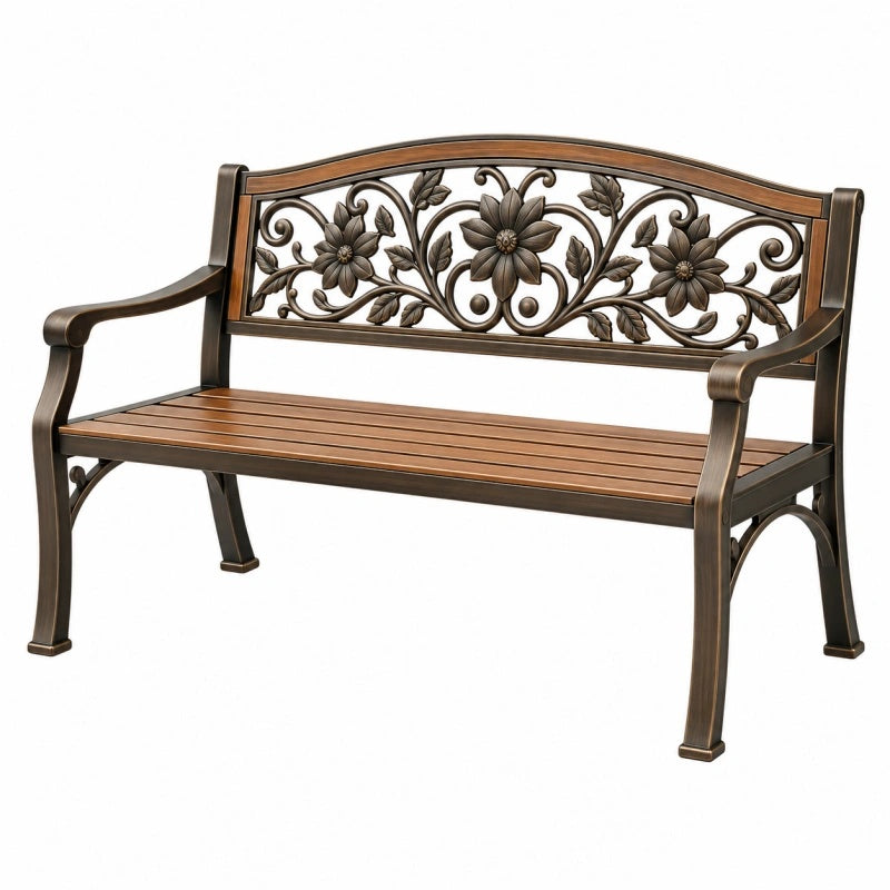 Panca da giardino 120 x 60 x 90 cm in metallo marrone bronzo stile floreale