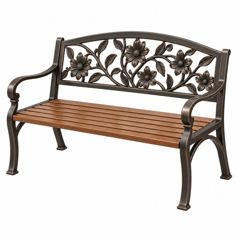 Panchina da giardino 122 x 60 x 90 cm in metallo marrone con schienale floreale stile classico