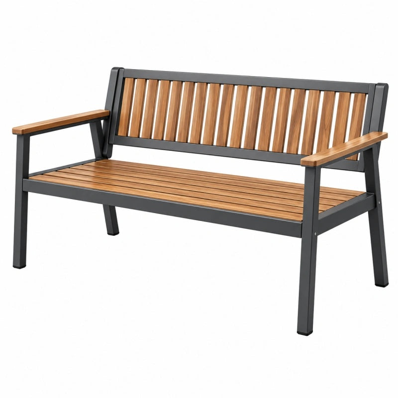 Panca da giardino 123 cm in legno e acciaio marrone nero con braccioli
