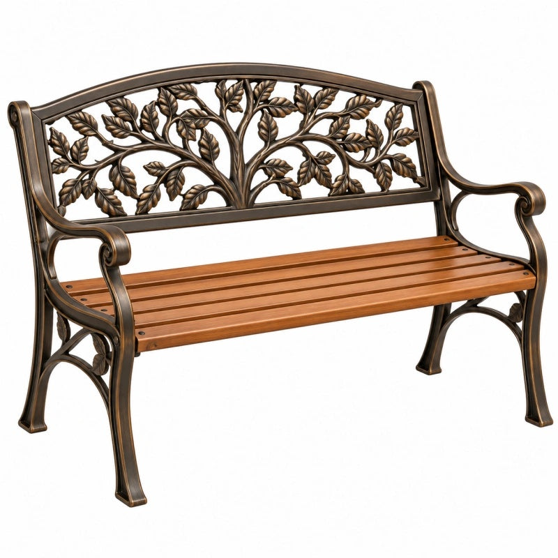 Panca da giardino 122 x 61 x 91 cm in metallo e legno marrone bronzo con schienale decorativo