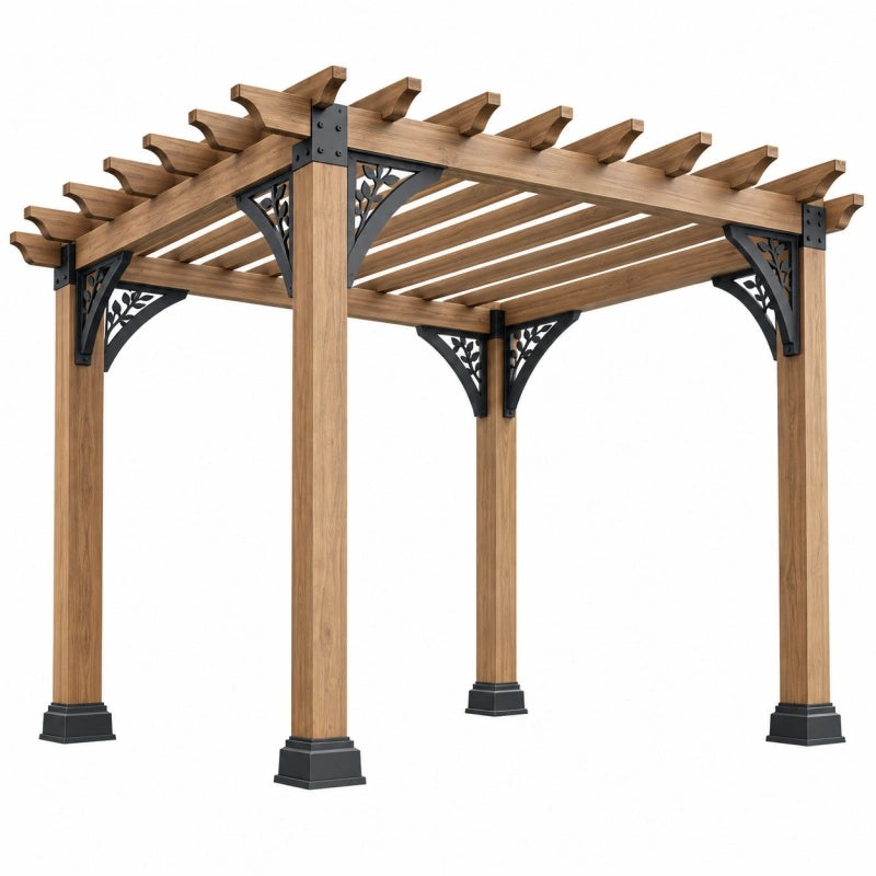 Pergola da giardino 300 x 300 x 250 cm in legno marrone con supporti decorativi neri