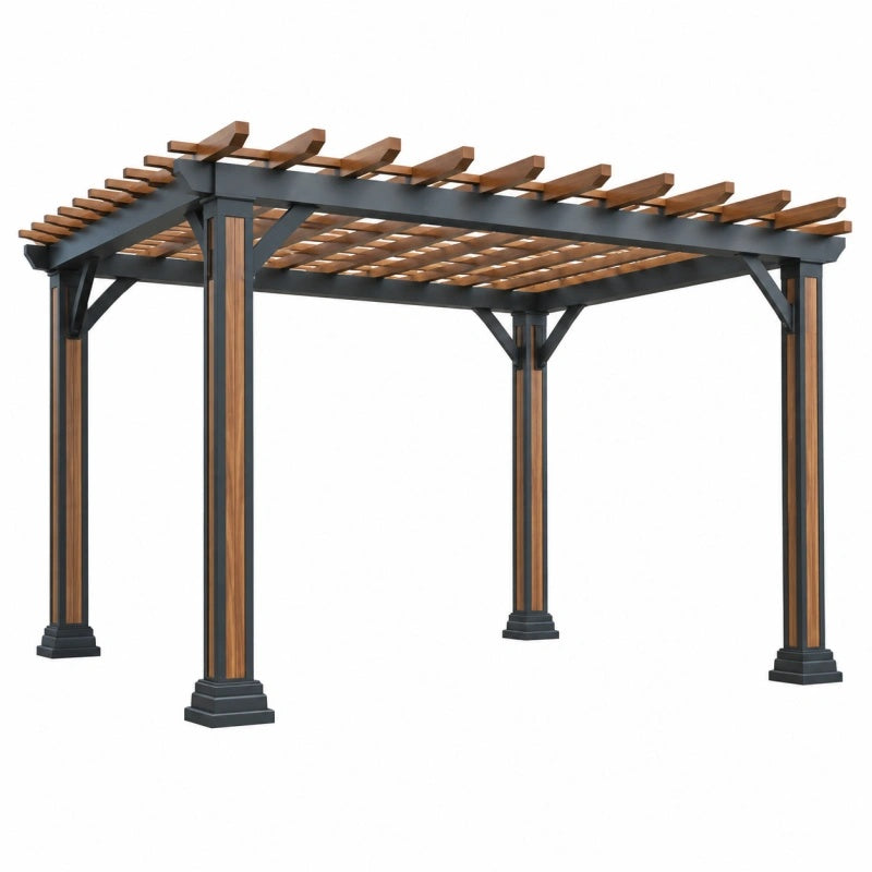 Pergola da giardino 300 x 300 x 240 cm in acciaio nero e marrone - struttura con travi decorative