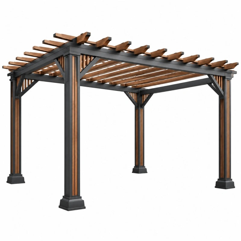 Pergola da giardino 300 x 300 x 240 cm in metallo e legno nero/marrone a listelli aperti