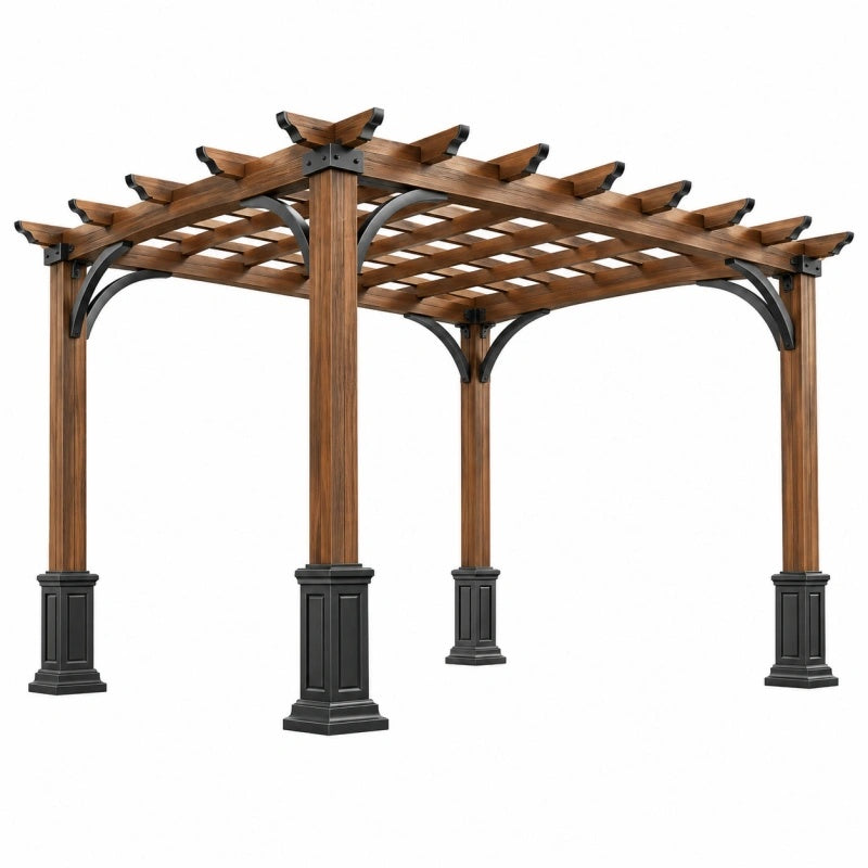Pergola da giardino 300 x 300 x 240 cm in legno marrone con metallo nero - struttura a griglia