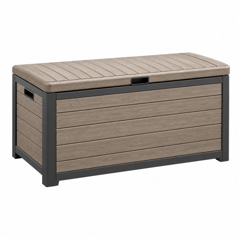 Panca contenitore da esterno 120 x 55 x 60 cm in resina effetto legno grigio tortora con struttura antracite