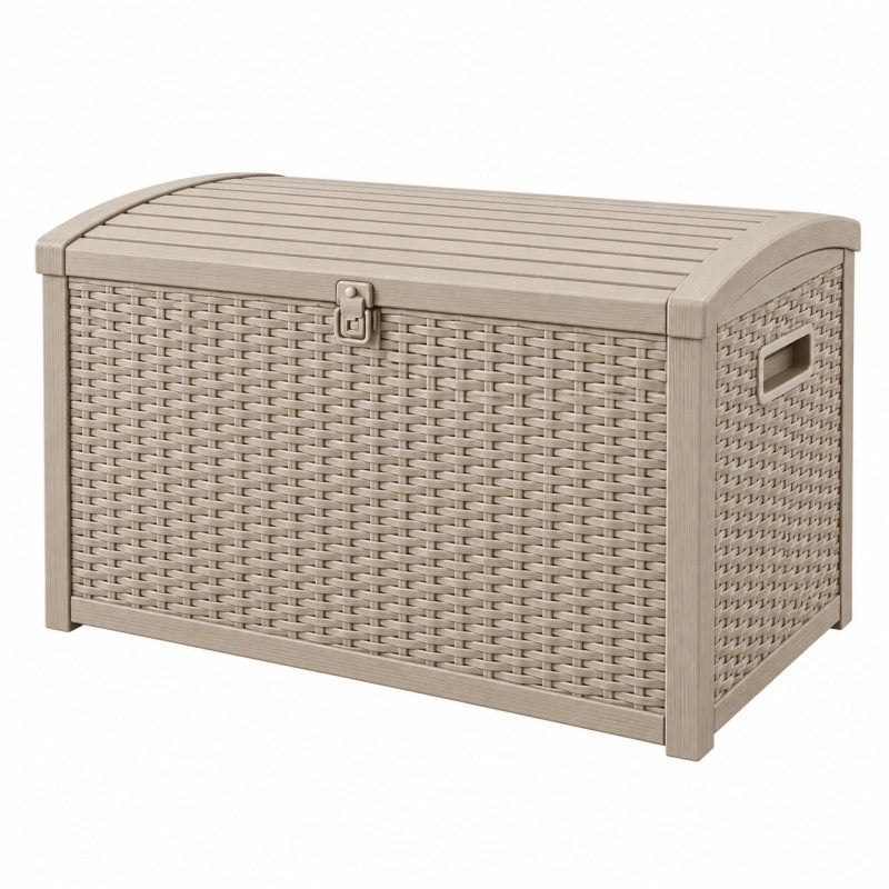 Baule contenitore 120x55x60 cm in plastica beige effetto rattan con coperchio
